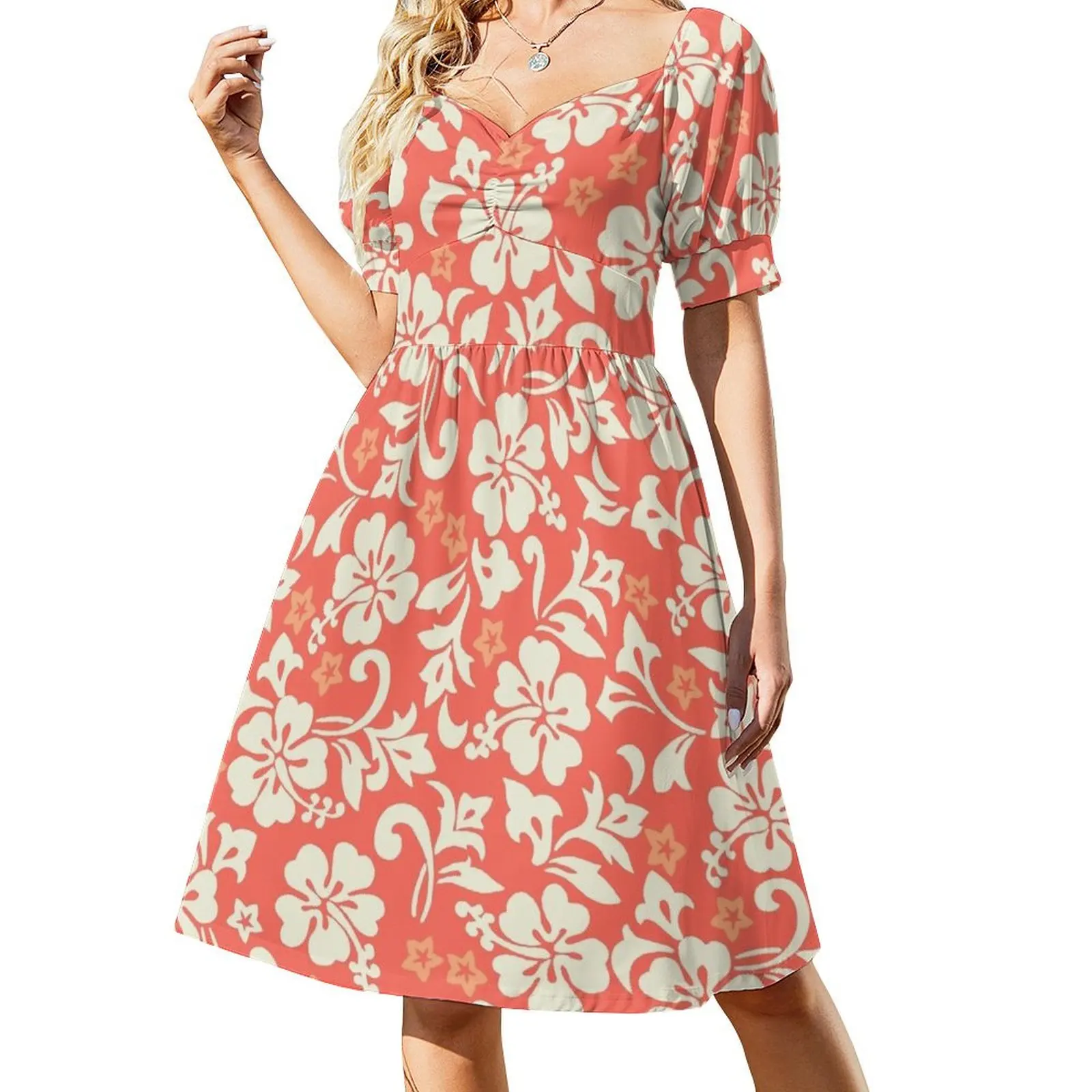 

Kapalua Pareau Hawaiian Hibiscus - Coral Short Sleeved Dress party dress women elegant luxury dresses with long sleeves Dress