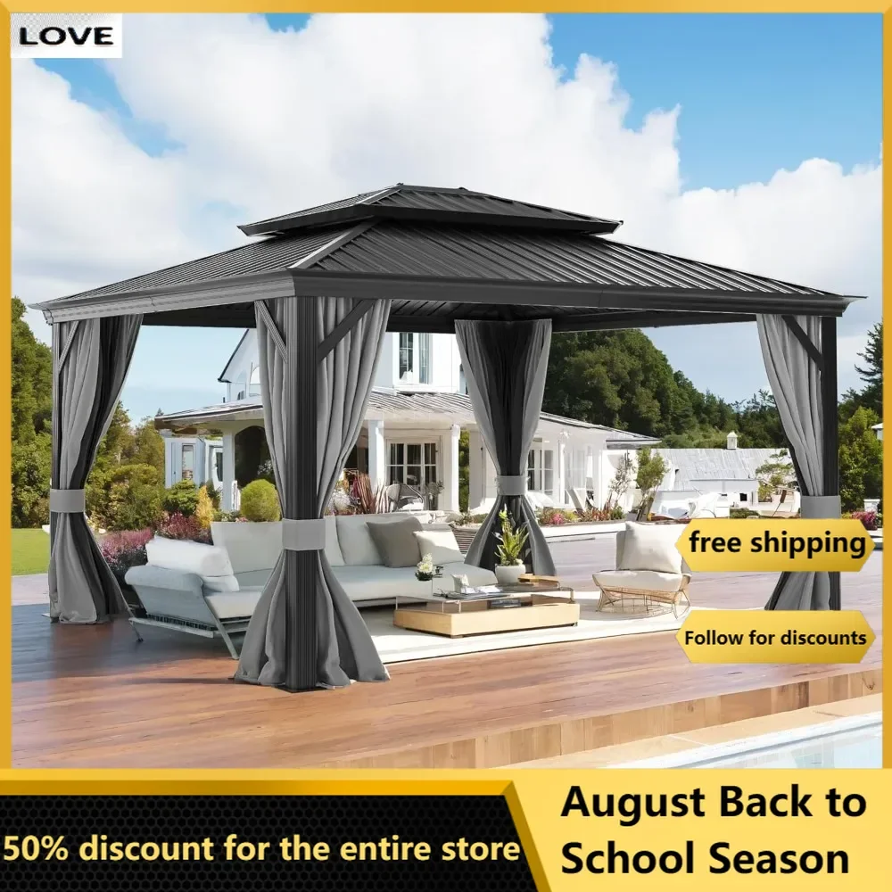 

12' x 14'Patio Hardtop Gazebo Heavy Frame Metal Galvanized Steel Double Roof Outdoor Permanent Pergolas for Garden,Parties,Lawns