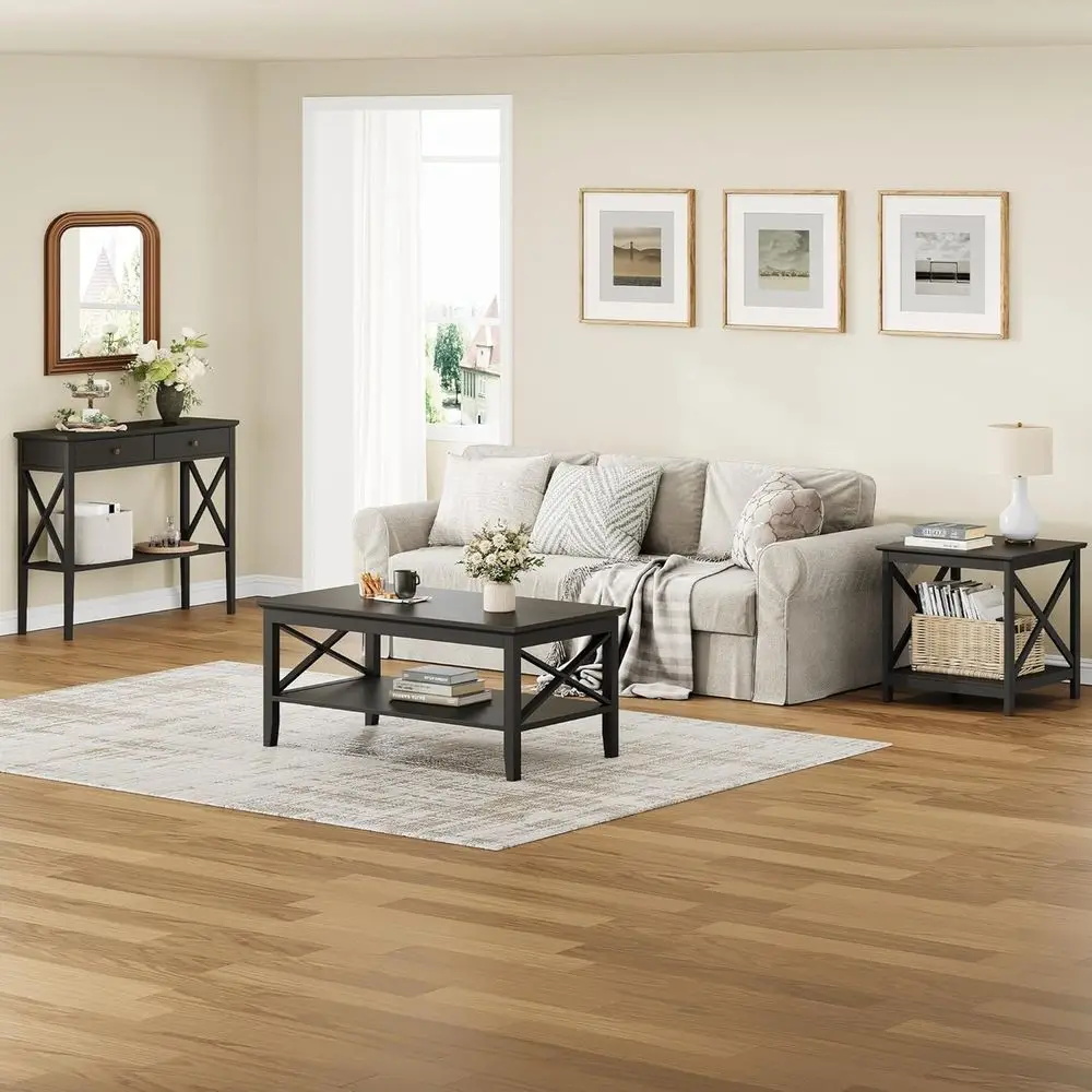 Sturdy 47 Black Wooden Storage Coffee Table for Living Spaces