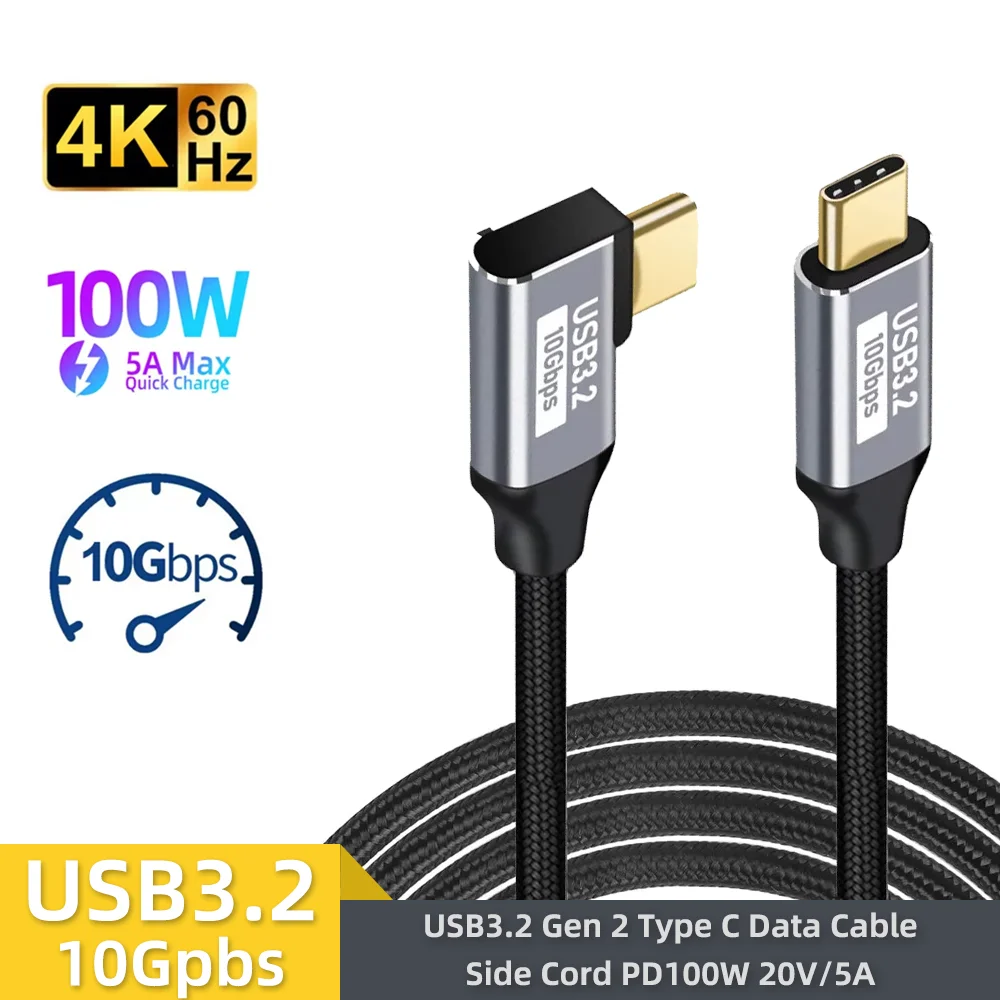 Elbow Cord USB C  Type C to USB C 3 Gen2 10Gbps Cable PD 100W 5A Fast Charging For MacBook 4k 60Hz Video Cable 0.5/1/1.5/2/3M