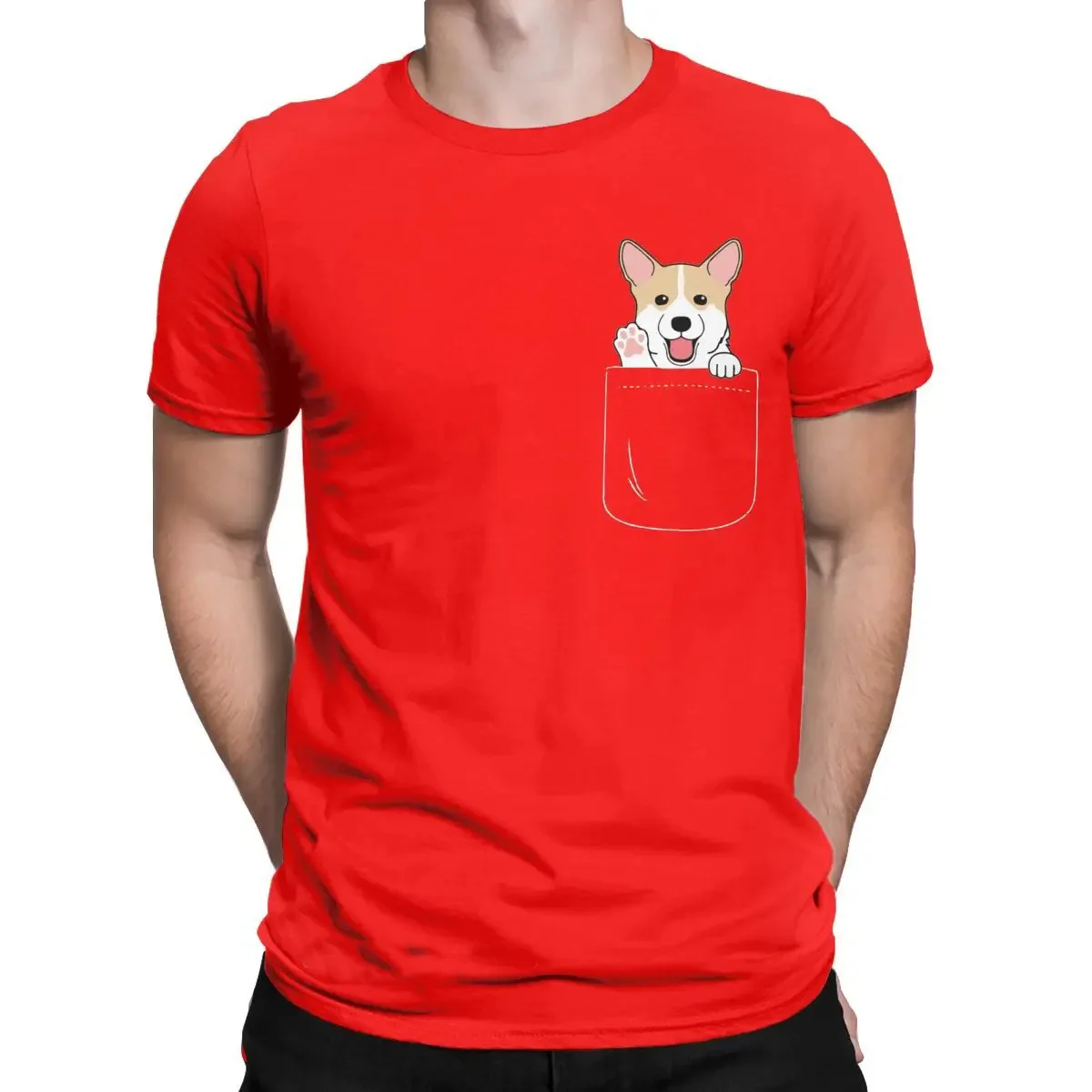 Corgi In Pocket Men T-Shirts funny Animal Vintage Pure Cotton T Shirt O-neck Harajuku Tshirt Print Clothing unisex Oversized Tee