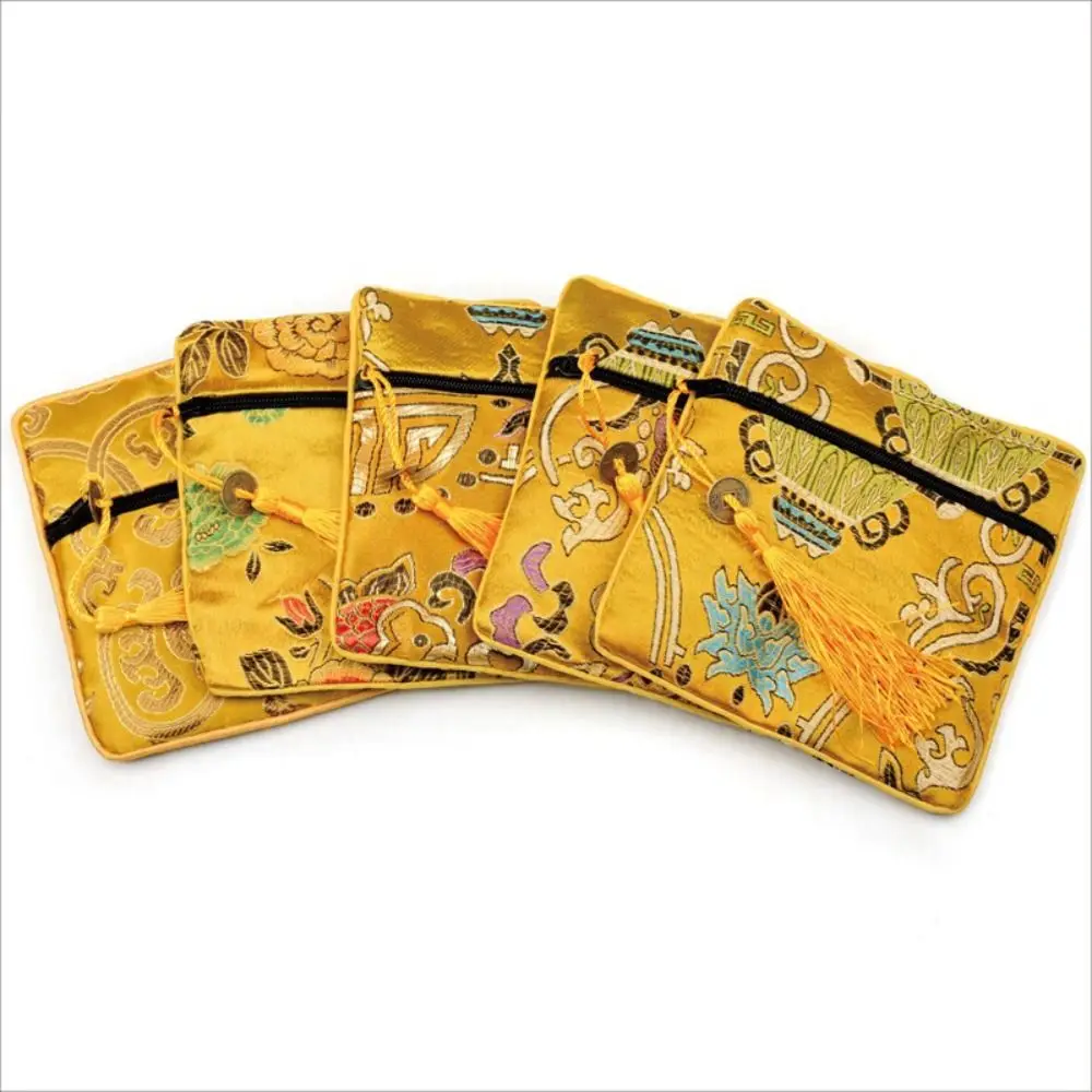 

Tassel Mini Embroidery Canvas Coin Purse Dragon Copper Cash Pendant Flower Jewelry Packing Bag Small Handbag Purse Wallets