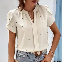 Summer New Fashion Blouses Elegant Simplicity Loose Casual Pullovers V-Neck Spliced Sweet Love Petal Sleeve Tops Women's Shirts