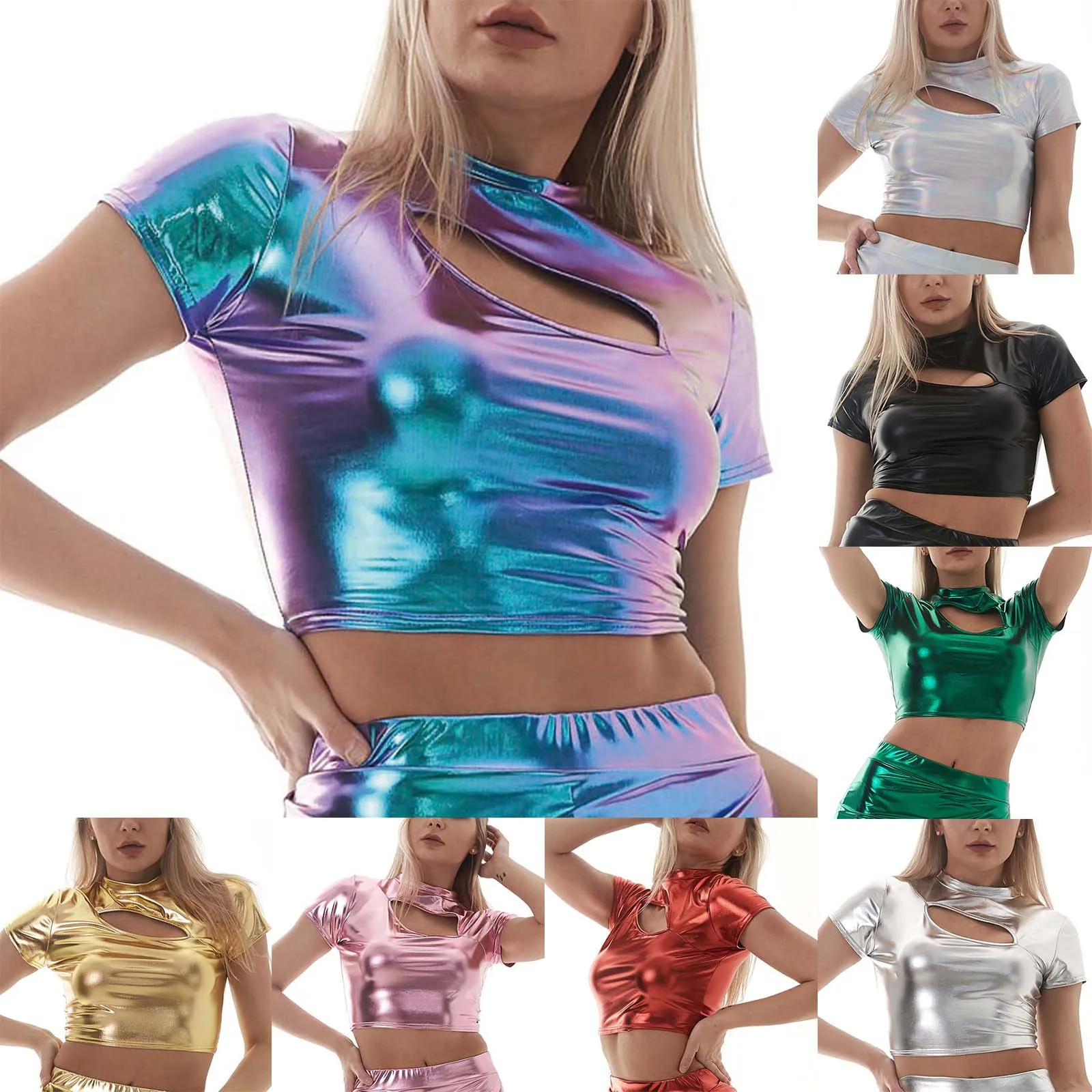 Women Metallic Crop Top Y2K Short Sleeve T-Shirt For Rave Club Dance Costume Fashion Shiny Hollow Out Tops Tee Streetwear