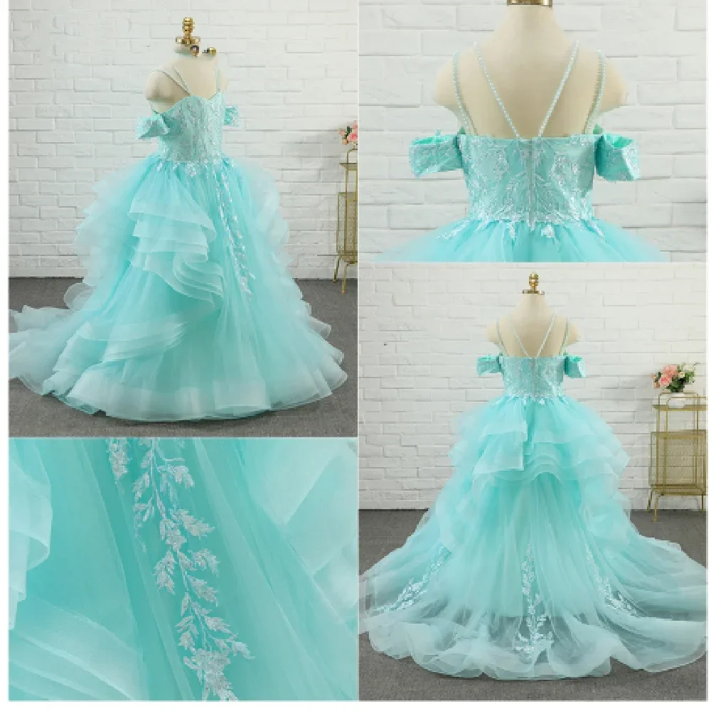 Vestido de flor de ombro inchado para meninas, fora da princesa, primeira comunhão, aniversário, casamento, vestido bonito para crianças, presentes infantis