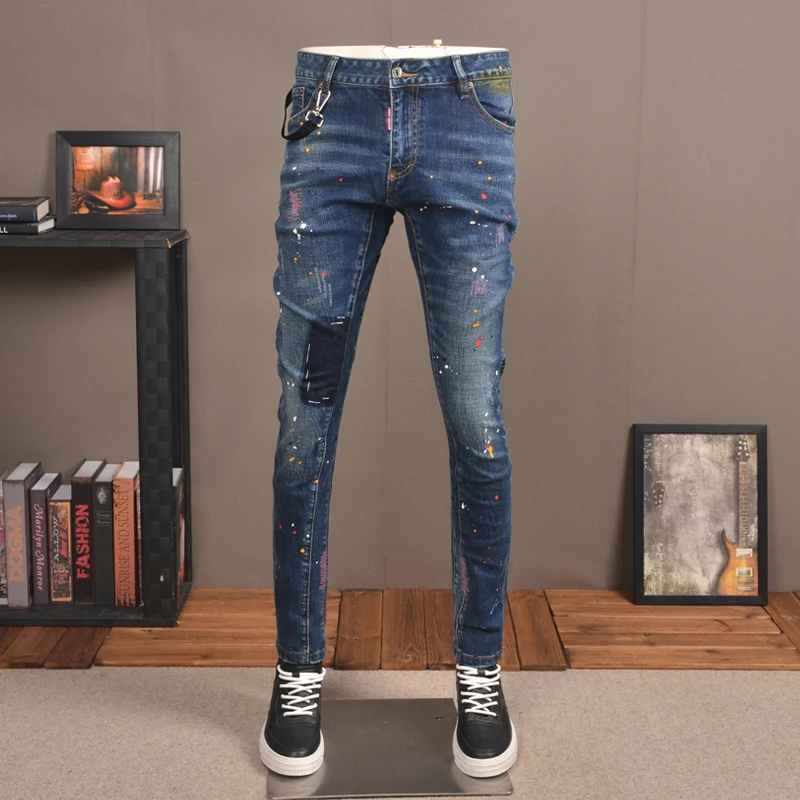 

Street Fashion Men Jeans Retro Blue Stretch Slim Ripped Jeans Men Elastic Trousers Painted Designer Hip Hop Denim Pencil Pants