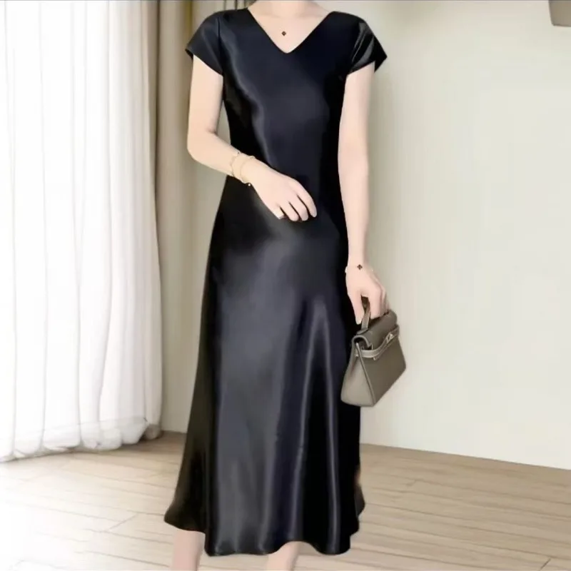 Robe en Satin nacré à manches courtes, robe d'été fine en Satin doré, queue de poisson française