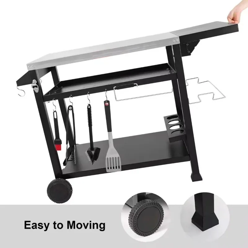 รถเข็นอาหารสแตนเลสมัลติฟังก์ชั่นรถเข็นบาร์บีคิวเตาอบพิซซ่ากลางแจ้งโต๊ะรับประทานอาหารพับได้