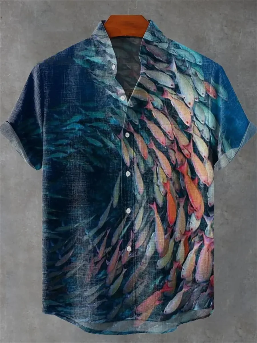 2025 Men's New Retro Style Fish Pattern Print Men's Casual Linen Comfortable Fabric Short Sleeve Shirt Button Stand Collar Top