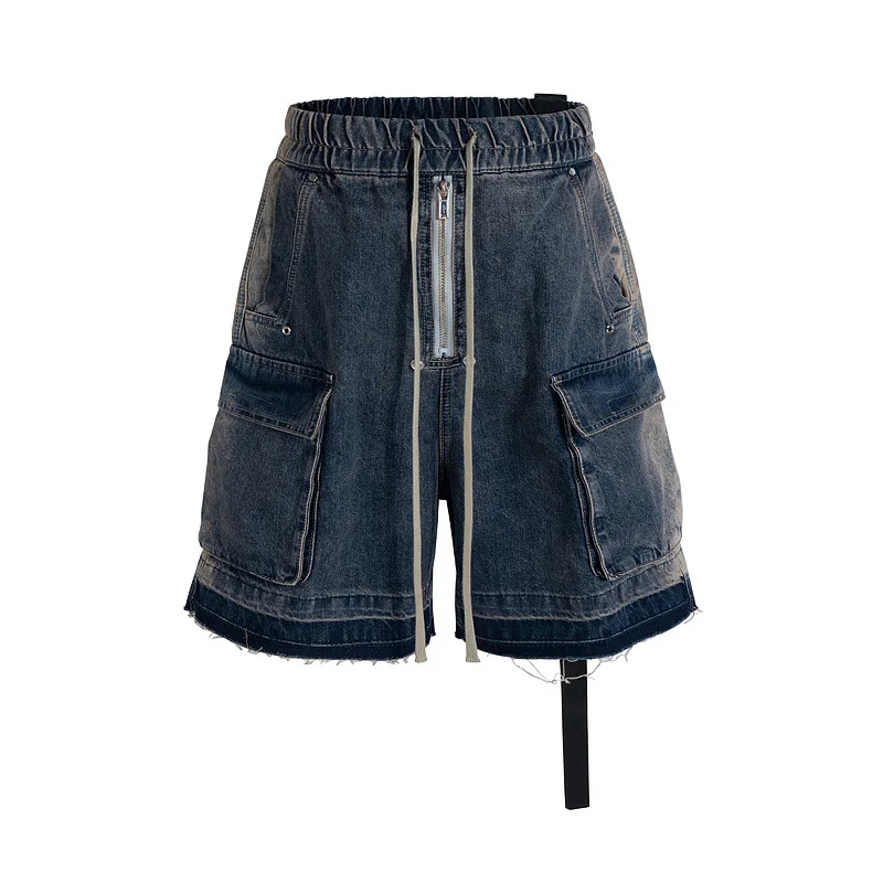 Rick High Street trendy RO style multi-pocket washed and distressed drawstring fringed denim short pants