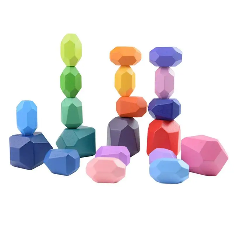 Wooden Rainbow Stones Building Blocks Colorful Wood Toy Block Stacker Balancing Games Montessori Educational Toys for Children