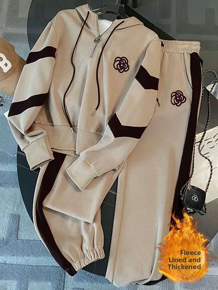 

Women's Fce Lined Thiened Sports Set Loose Fit Hoodie Two Piece Trendy Faionable Autumn Winter New Arrival Casual Wear