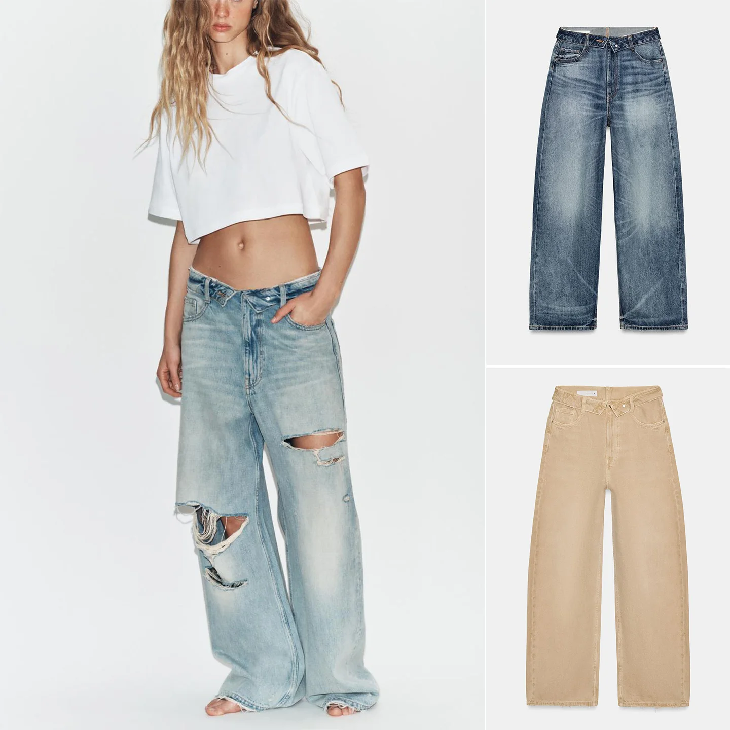 Spring New Women's Jeans Metal Button Zipper mid Waist Casual Hole Flip  Denim Pants Standard Fit Micro Stretch Polyester