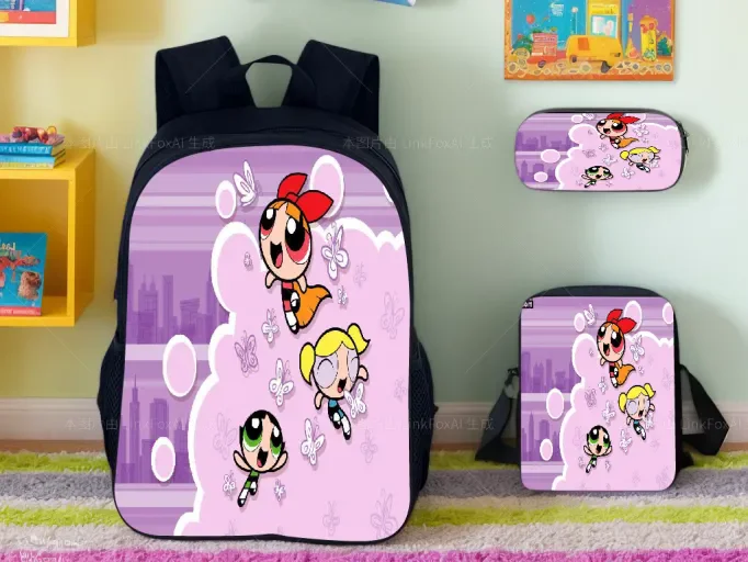 The Powerpuff Girls Daily Fashion Bookbag Set Includes-Rucksack,Side Bag and Pencil Box,Kid Back to School Backpack