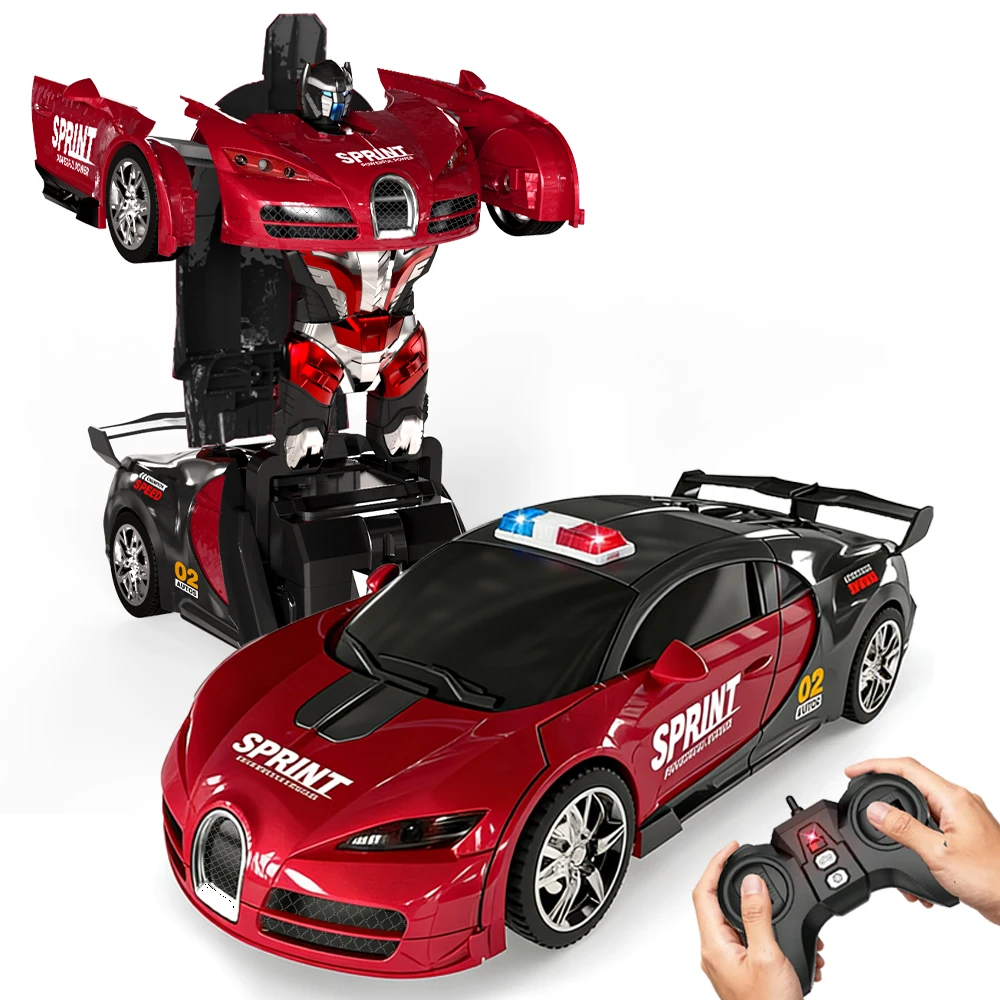 Transforming RC Car with Police Light 2-in-1 Robot & Car 360° Rotation Sturdy Design One-Button Deformation 2.4GHz Remote Contro