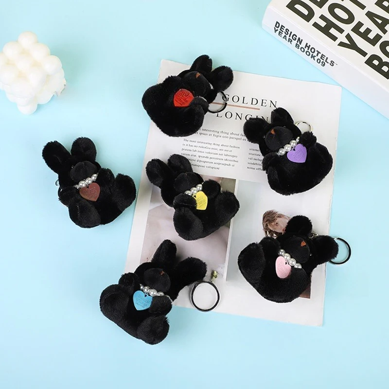 Cartoon Cute Black Rabbit Keychain Bag Charm Pendant Sweet Lovely Animal Heart Pearl Decoration Plush Keyring For Girls Gift