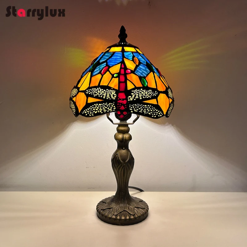 American Country Dragonfly Flower Table Lamp Mediterranean Bedside Night Light Simple Fabric Shade