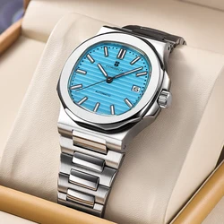 Corgeut NH35A Dress Square SkyBlue Automatic Men Watch turchese Green Dial Sapphire Luminous index Solid Glass Back