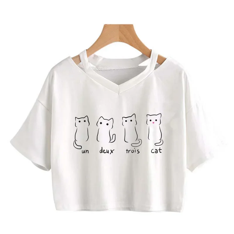 Ulzzang Aesthetic Crop Top Y2k 90s Funny Cute Cat T Shirt Women Shirt Harajuku Graphic T-shirt 90s Tshirt Top Tee Female Cropped