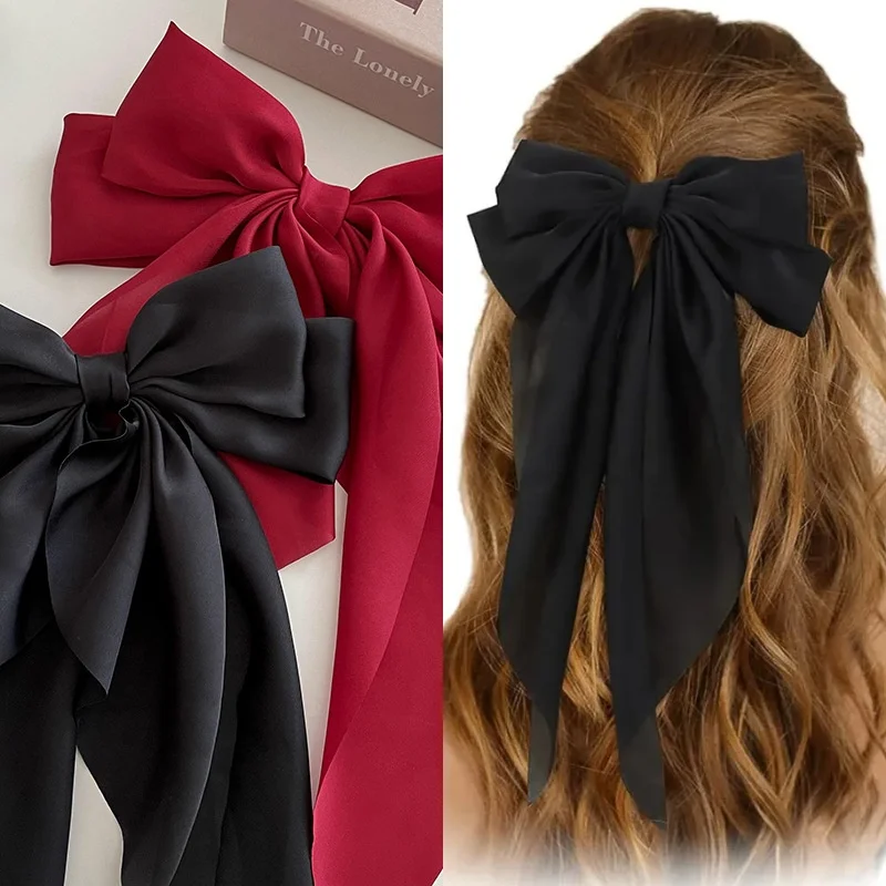 

1/2 шт., заколка для волос с бантом и лентой, атласные пружинные зажимы, заколка для волос, элегантная повязка на голову в стиле ретро, заколки для волос для девочек, модные простые однотонные