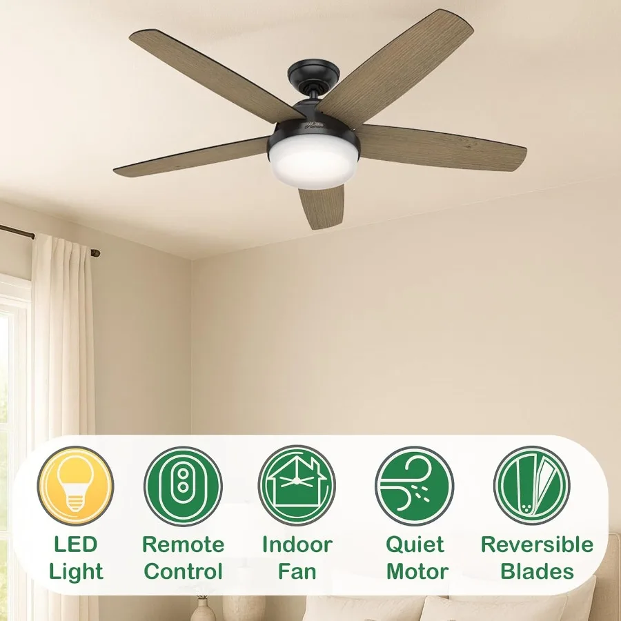 مروحة سقف داخلية معاصرة باللون الأسود غير اللامع مقاس 52 بوصة مع مجموعة إضاءة مدمجة وجهاز تحكم عن بعد لمساحات المعيشة المنزلية الحديثة