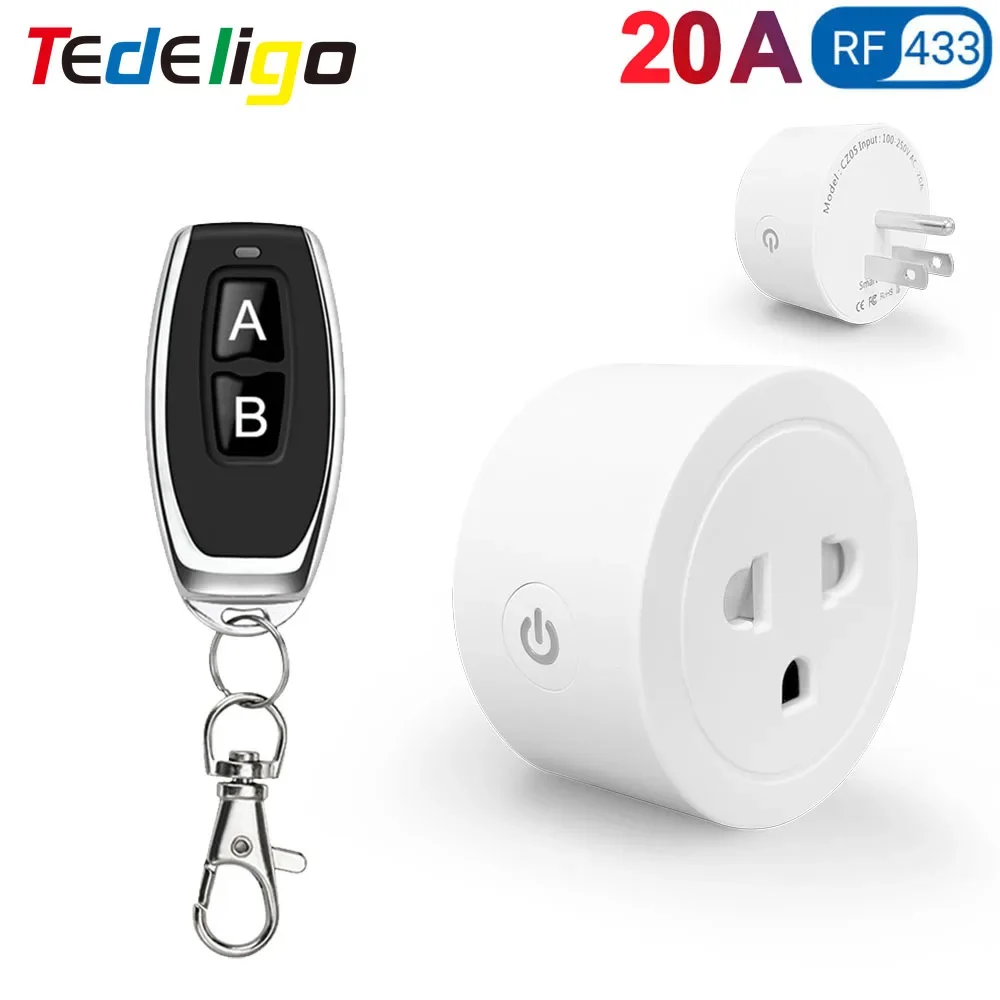 Tedeligo US Standard 110V 220V 20A 3000W Electrical Socket RF 433MHz Wireless Remote Control Plug,for Home LED Light Fan Lamp