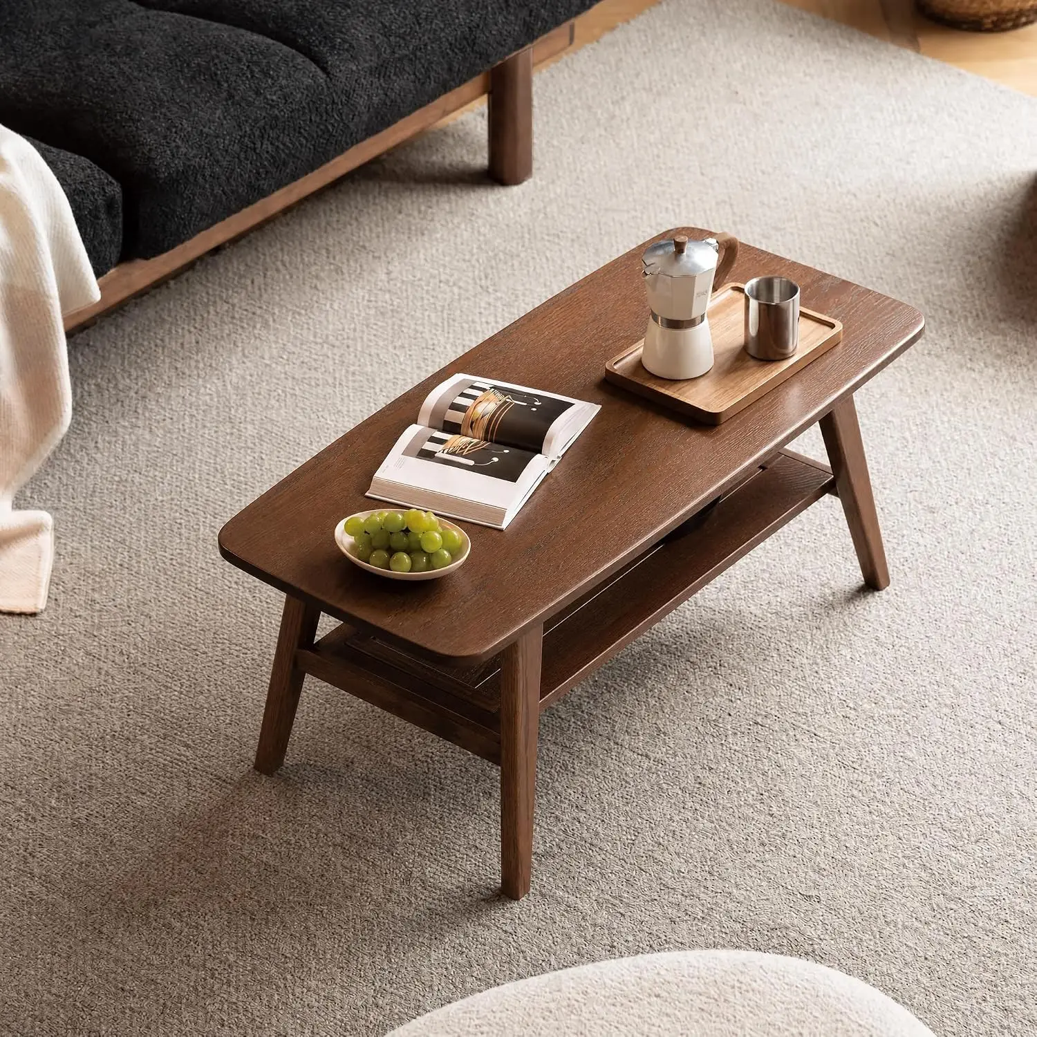 Solid Wood Coffee Table Mid Century Modern 2-Tier Shelf Storage Rounded Corners Living Room 39.37