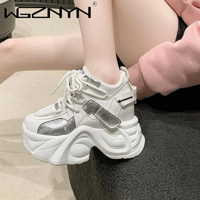 

2024 High Heels Winter New 9.5CM Chunky Sneakers for Women Platform Sports Breathable Shoes Woman Lace-up Thick Bottom Dad Shoes