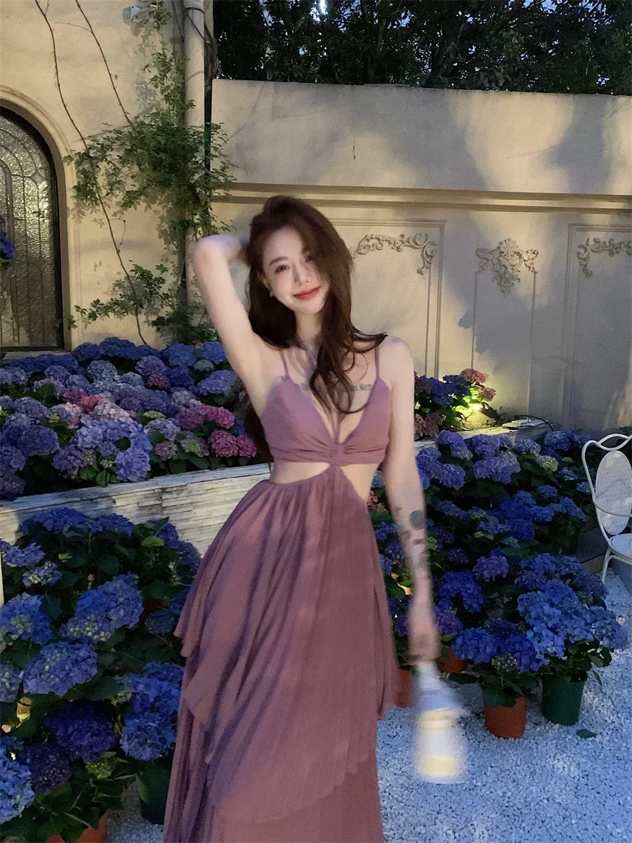 

Sexy French Dress Backless Pure Desire Style 2025 New Style Socialite Temperament Seaside Vacation Dress Tempting PurpleLIBIELIY