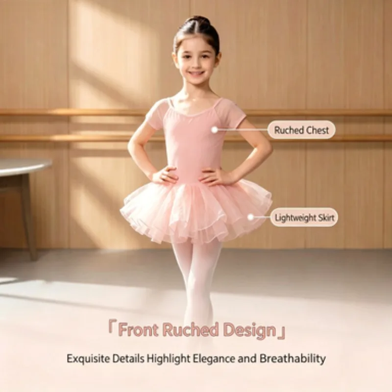 Maillot de Ballet de Manga Corta para Niñas, Vestido de Danza con Malla, Traje Profesional para Entrenamiento y Actuación en Estudio de Danza Infantil