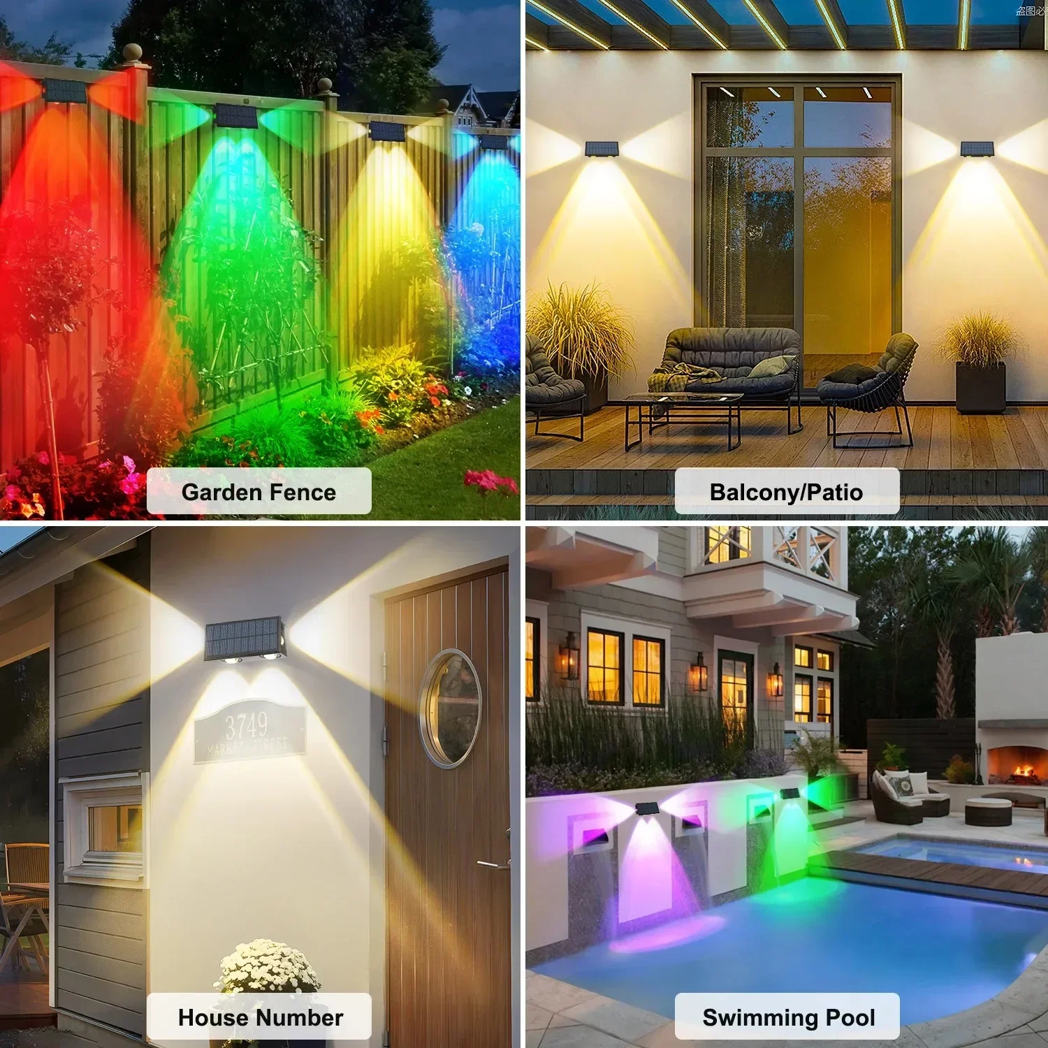 Luzes de parede solares led ao ar livre lâmpada à prova dwaterproof água lados iluminação multicolorido jardim para condado varanda cerca decorações parede