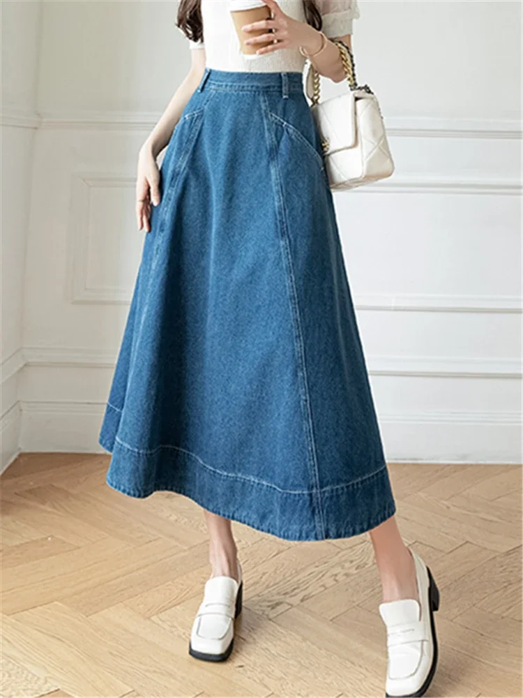 Seoulish High Waist Women\'s Denim Long A-Line Skirts Spring Summer Vintage Cowboy Jeans Umbrella Skirts Pockets Female 2024 New