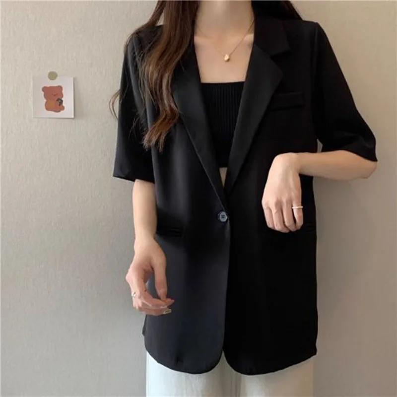 White Short-sleeved Women Summer Chic Single Button Notched Collar Outwear Ladies Korean Loose Office Suit Coat