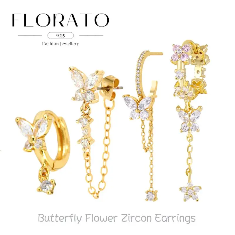 925 Sterling Silver ear Needles Butterfly Flower White Zircon Light Luxury Drop Earrings For Women High-end Wedding Jewelry Gift