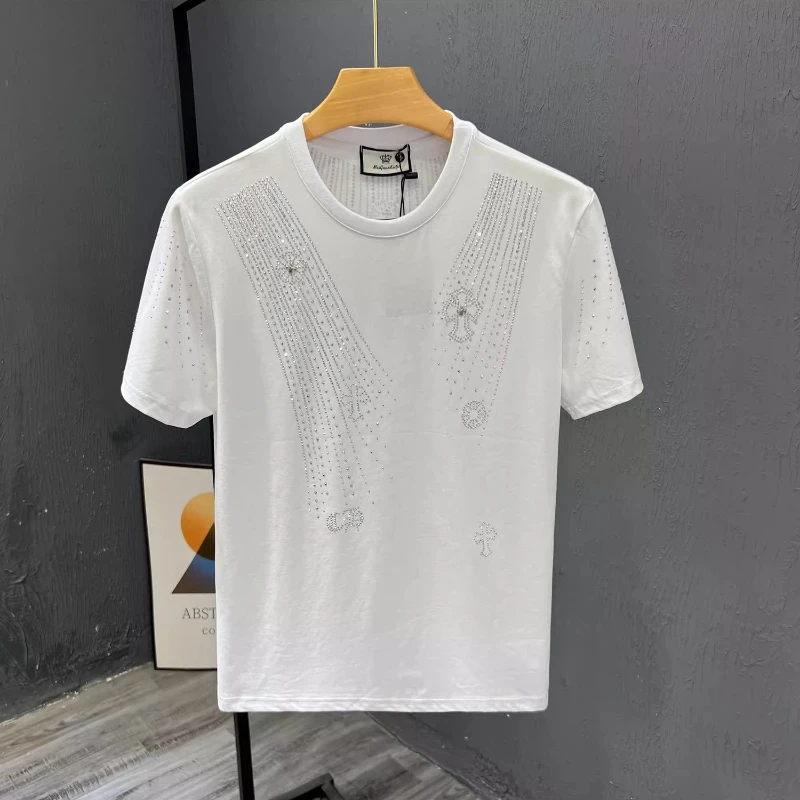 New Summer Fashion Personalized Ironing Diamond Casual Comfortable T-shirt Men's Round Neck Versatile Short-sleeved Trendy Top