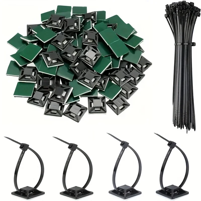 Juego de 100 soportes de bridas con cremallera, organizador de cables de respaldo autoadhesivo, Clips de gestión, anclajes de pared para fijación segura de luz de sujeción de cables