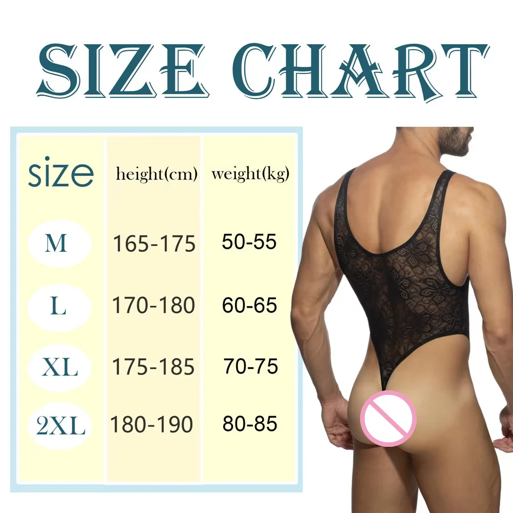 Homens malha pijamas bodysuits sexy rendas ver através sem mangas de uma peça homewear gay masculino transparente regatas macacão roupa interior