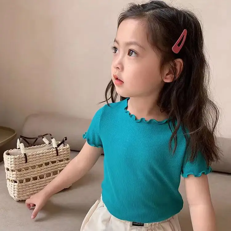Ice Silk Short-sleeved T-shirt Korean Version of Girls' Baby Summer Clothing Versatile Striped Fungus Edge Medium