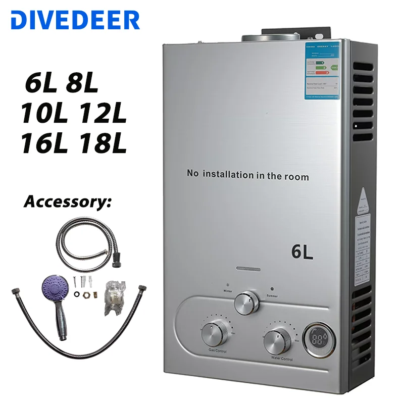 DIVEDEER Stainless Steel Wall-mounted LPG Water Heater 6L/8L/10L/12L/16L/18L Automatic Quick Burning Hot Copper Water Tank