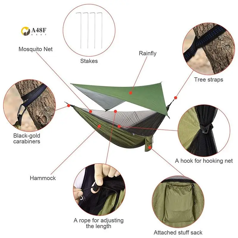 

A48F-Camping Hammock With Rainfly Tarp And Mosquito Net, Portable Parachute Hammock For Hiking Outdoor Travel Backyard