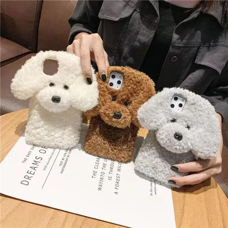 Funda de teléfono esponjosa con perro de peluche 3D para IPhone 17 16 15 14 13 12 11 Pro Max XS Max XR 6 7 8 Plus, funda blanda de juguete de peluche