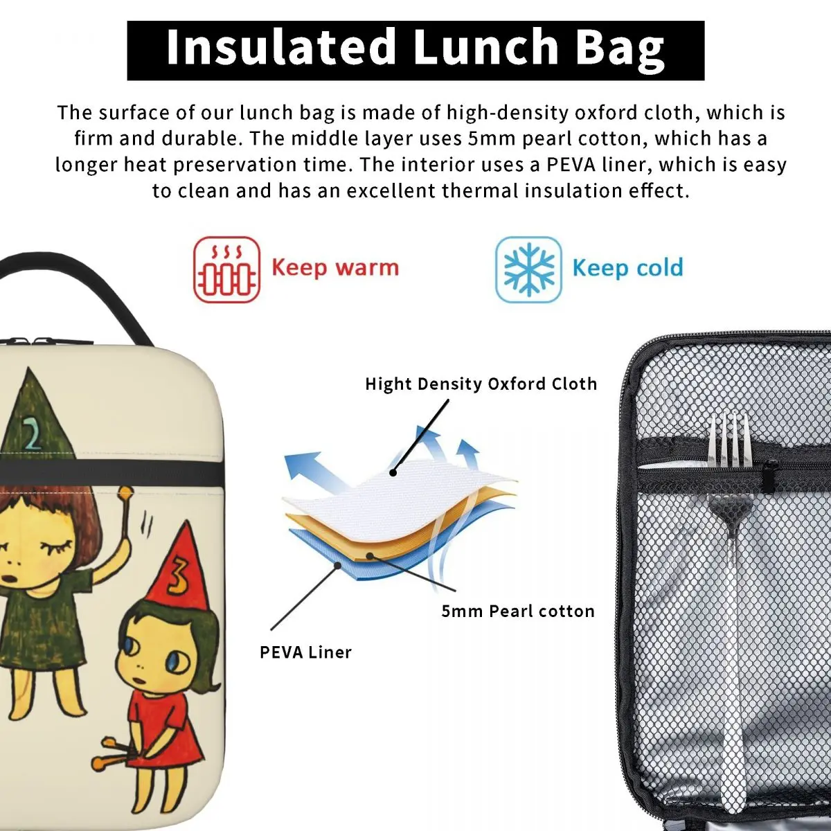 Funny Yoshitomo Nara Three Little Girl Insulated Lunch Bag Food Box Portable Thermal Cooler Lunch Box Work