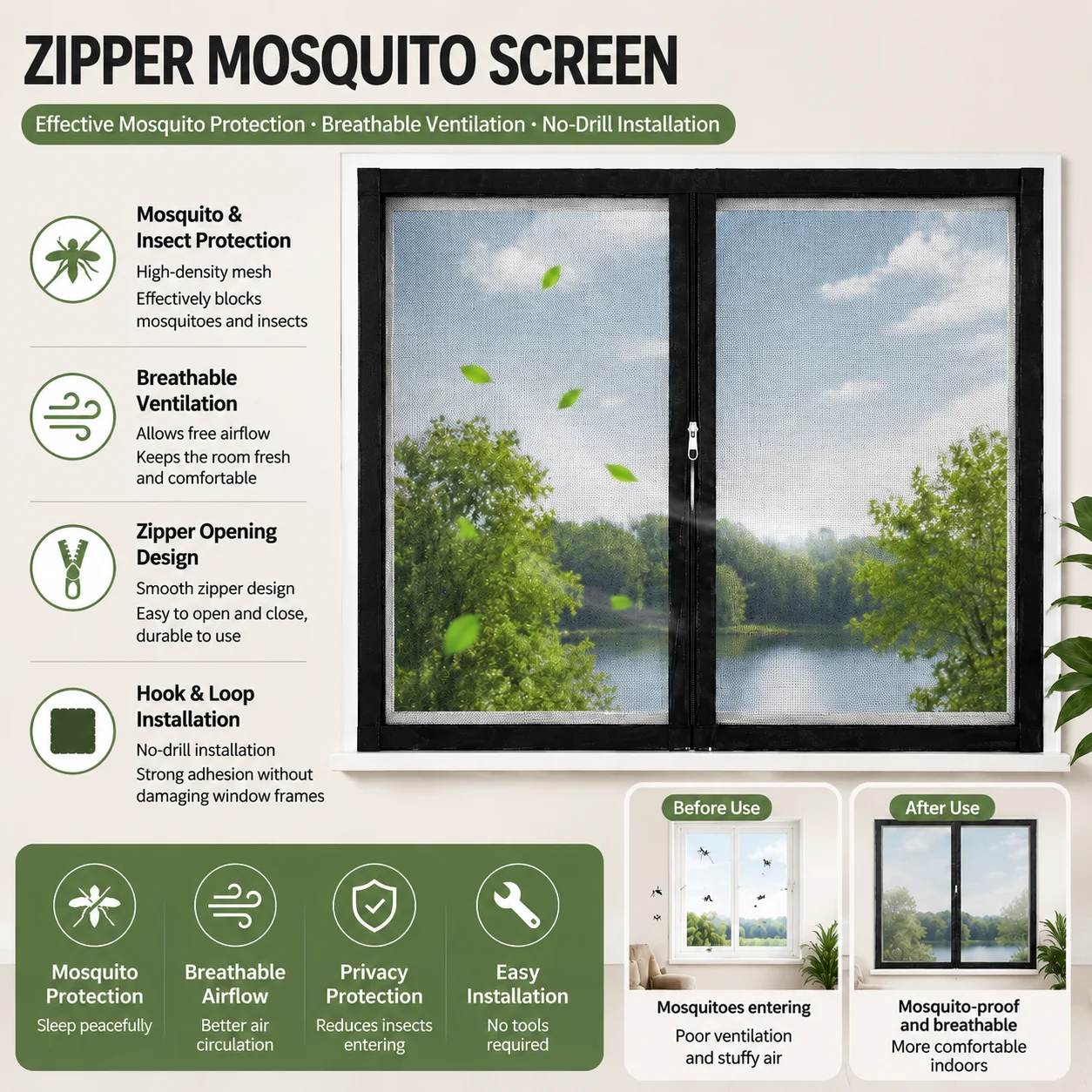 

Custom Size Zipper Window Screen, DIY Adjustable Mosquito Net for Windows, No Drilling Removable Fly Screen Mesh