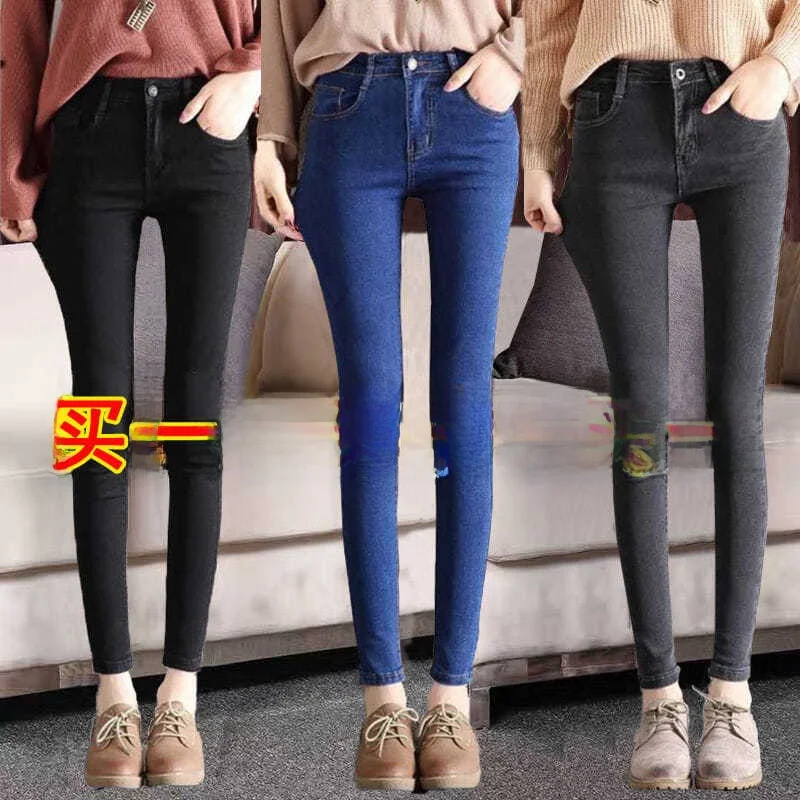 

Эластичные облегающие джинсы с высокой талией, женские корейские эластичные повседневные длинные брюки, весна 2025, Новое поступление, хлопковые джинсы