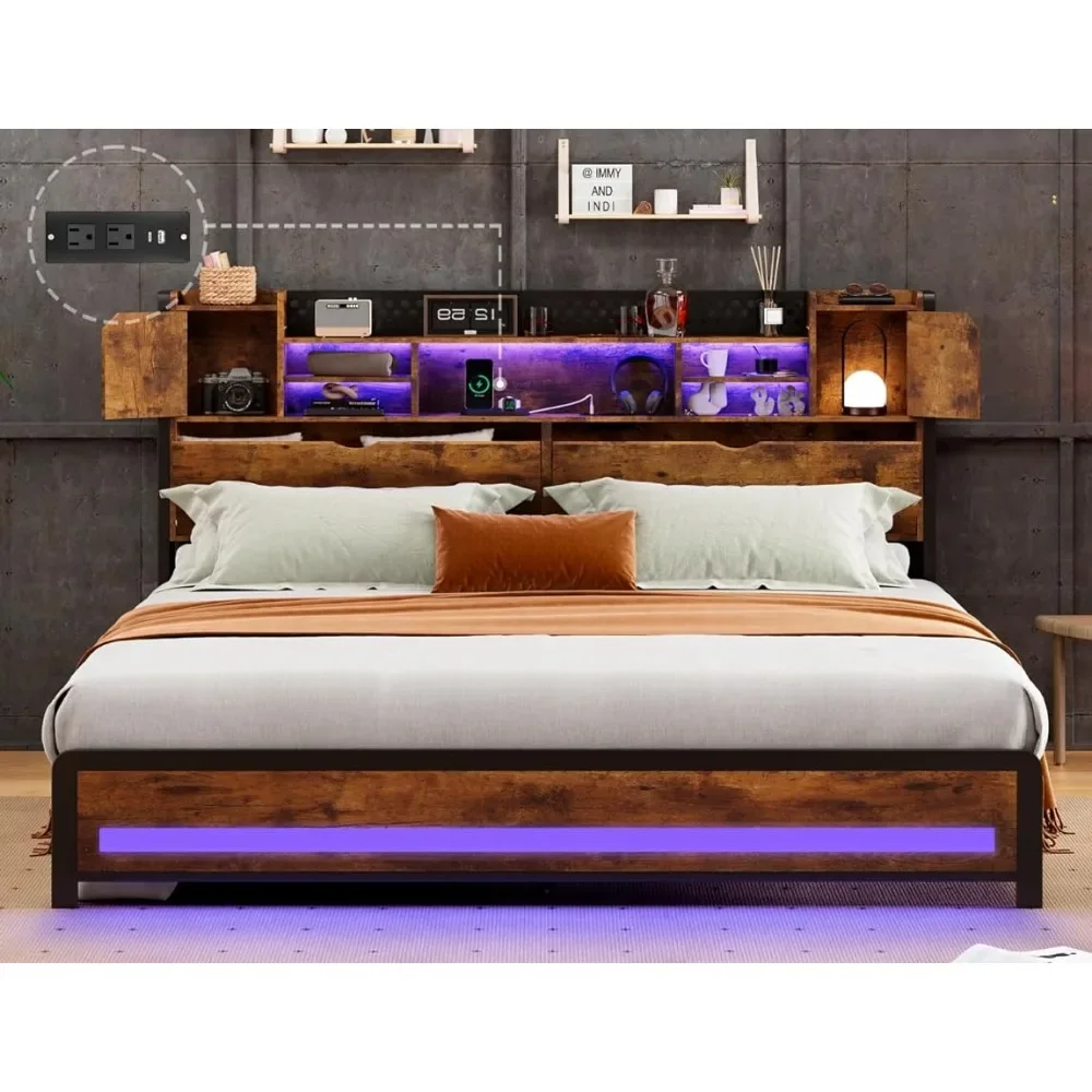 Marco de cama de tamaño Queen con estación de carga, luces LED RGB, cabecera de almacenamiento de 3 niveles con espacio de almacenamiento oculto