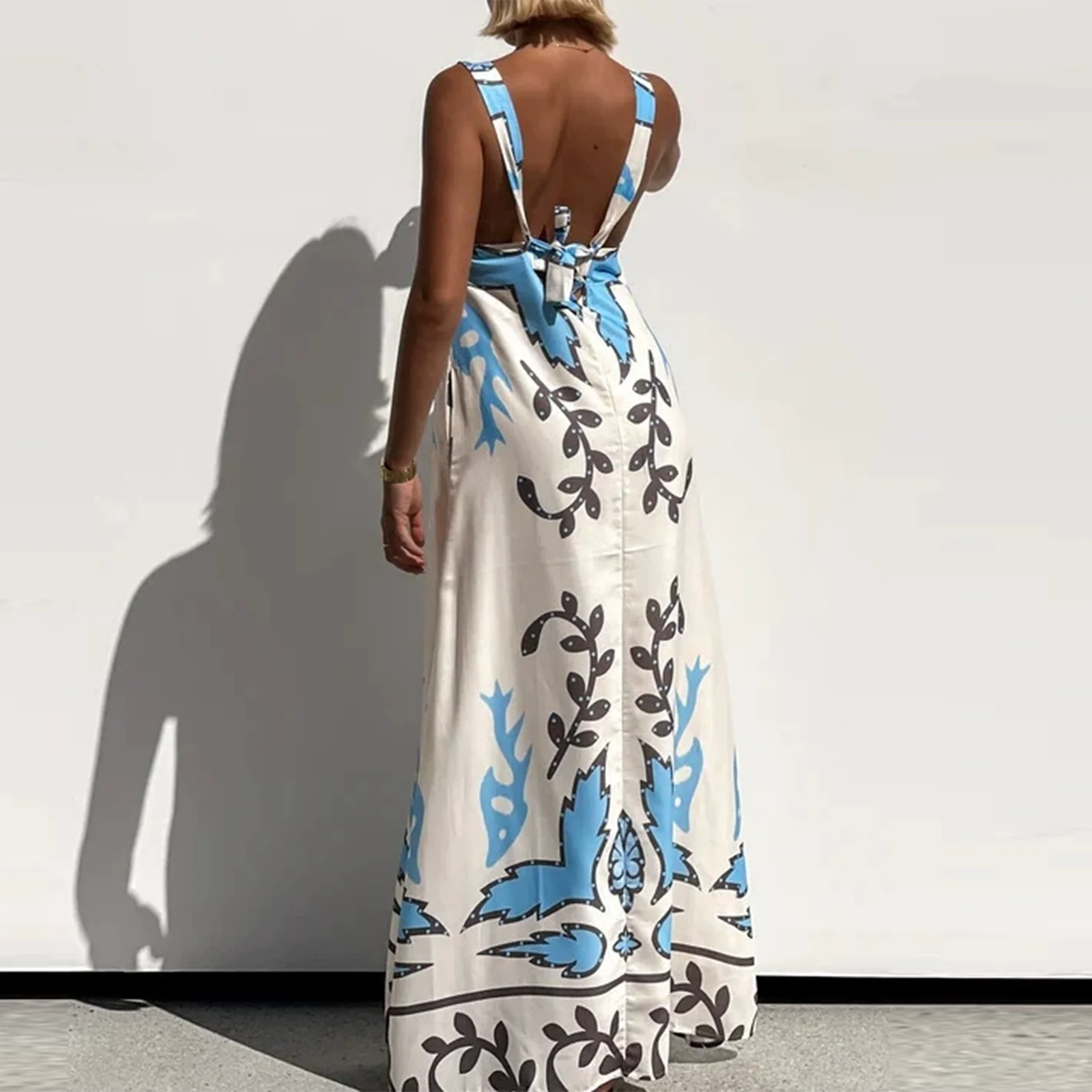 Combhasaki feminino verão estético floral impressão sem mangas pescoço quadrado arco amarrado sem costas solto a linha praia boho tanque vestido longo