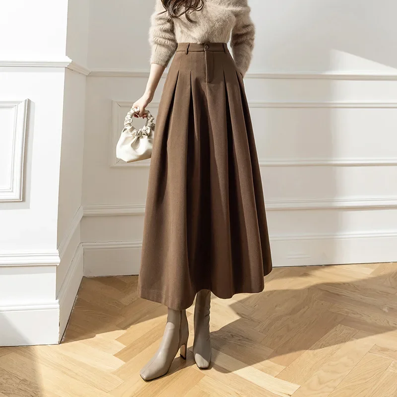 Long High-Waisted Slimming Woolen Skirt New 2023 Winter Style Korean Version Big Pleat Tuck Slimming Semi-Circular Skirt