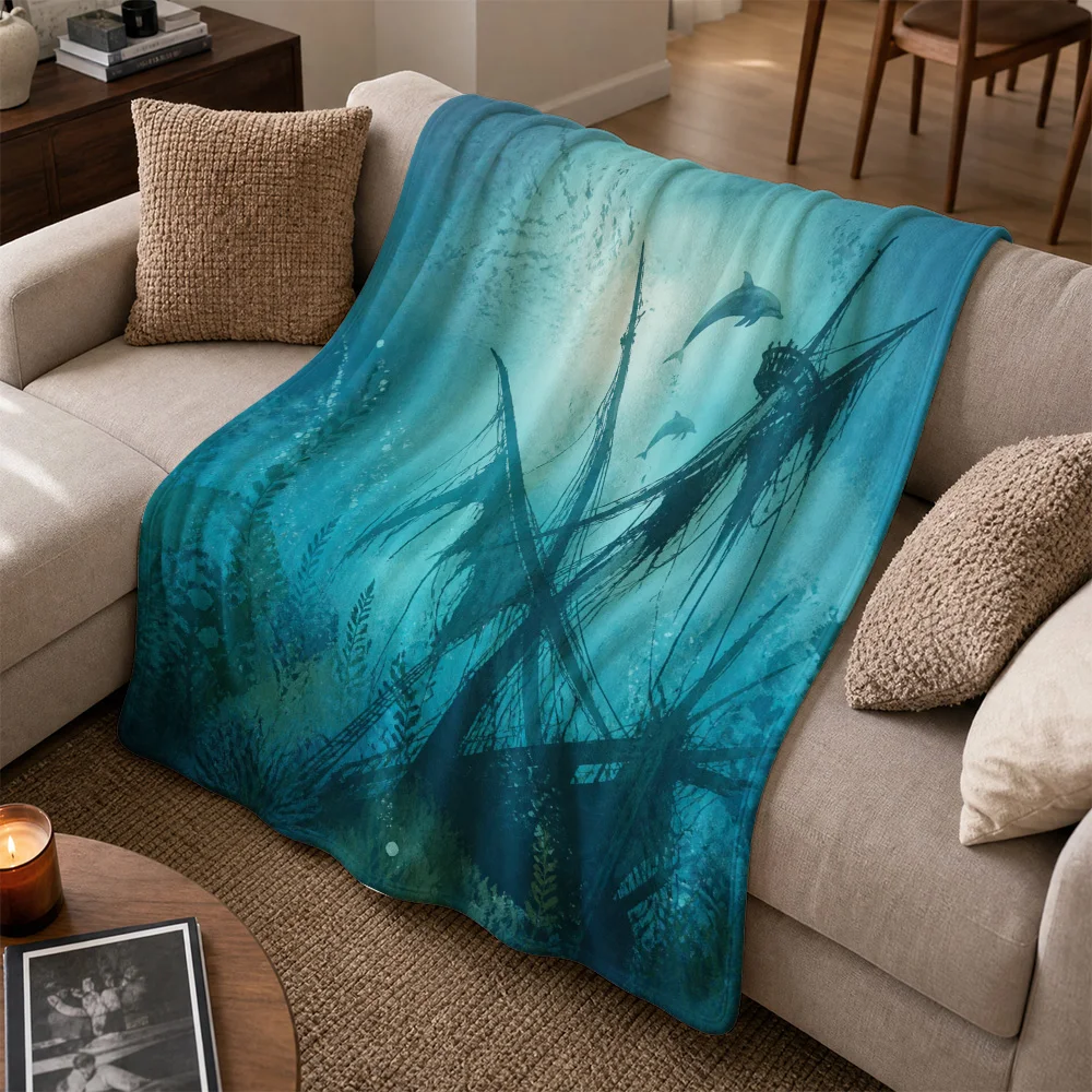 Deep Sea Dolphin Ocean Print Throw Blanket Coastal Aesthetic Home Decor Sofa Couch Throw Lap Blanket Cozy Blue Living Room Gift