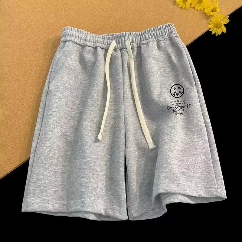 2026 Summer New Style Unisex Drawstring Sweat Shorts Smiley Line Letter Graphic Elastic Waist Loose Casual Sports Shorts kids