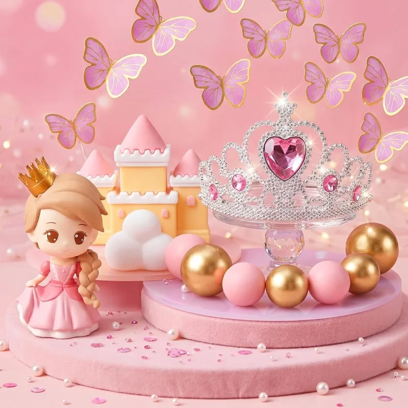 24pcs Princess Castle Cake Toppers Girls Birthday Party Decorations Princess Cake Decorations Crown Cake Topper Supplies view 3